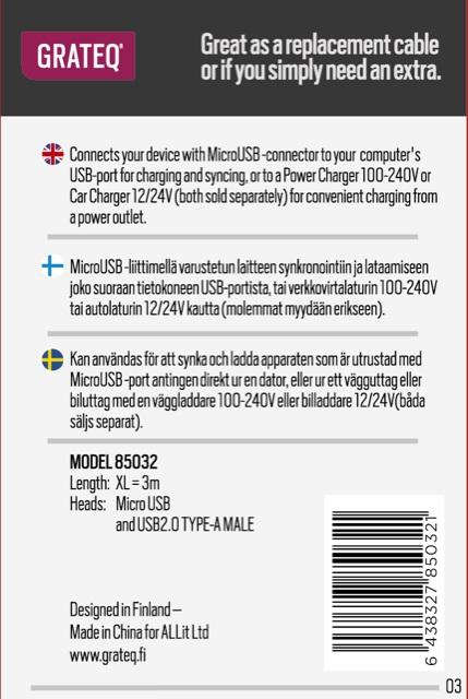 pitkä usb-kaapeli grateg 3m