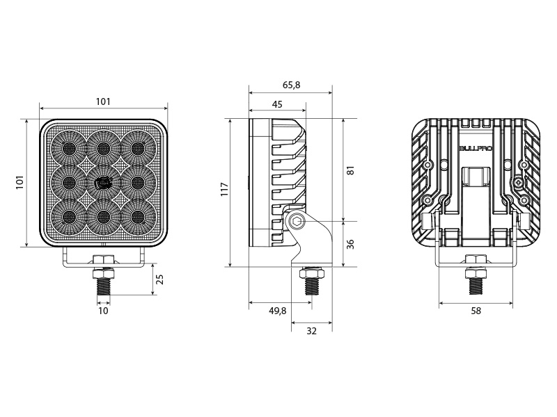 BullPro Spectrum Square 54 LED-työvalo mitat
