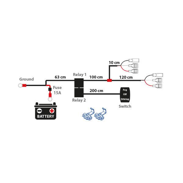 Kytkentäsarja kahdelle sumu- ja kaukovaloille